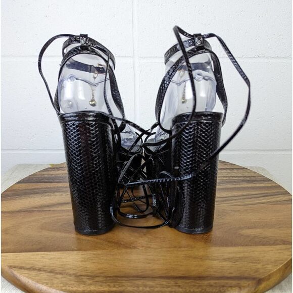 Simmi London Daina Black Patent Faux Snake Print Lace Up Platform Block Heel - Picture 6 of 16